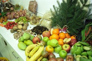 Fresh fruits and vegetables on a kitchen counter
