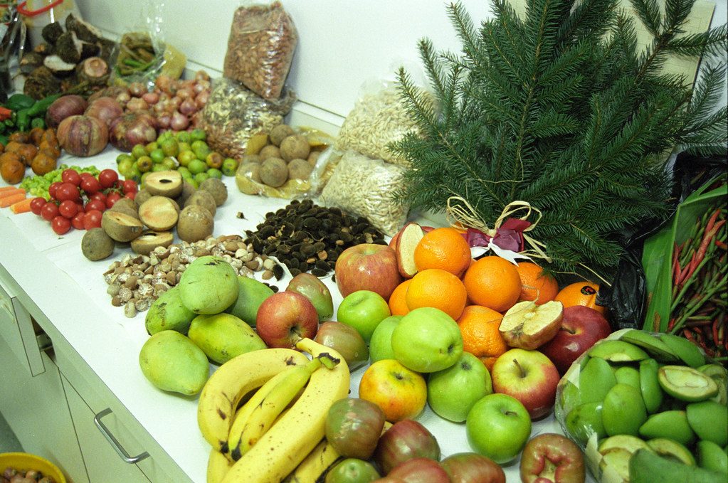 Fresh fruits and vegetables on a kitchen counter